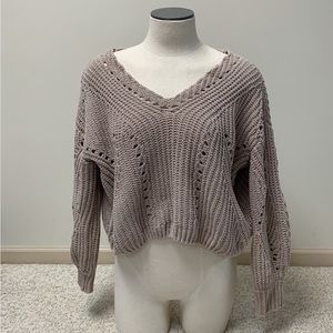 Beige Cropped V-Neck Oversized Sweater